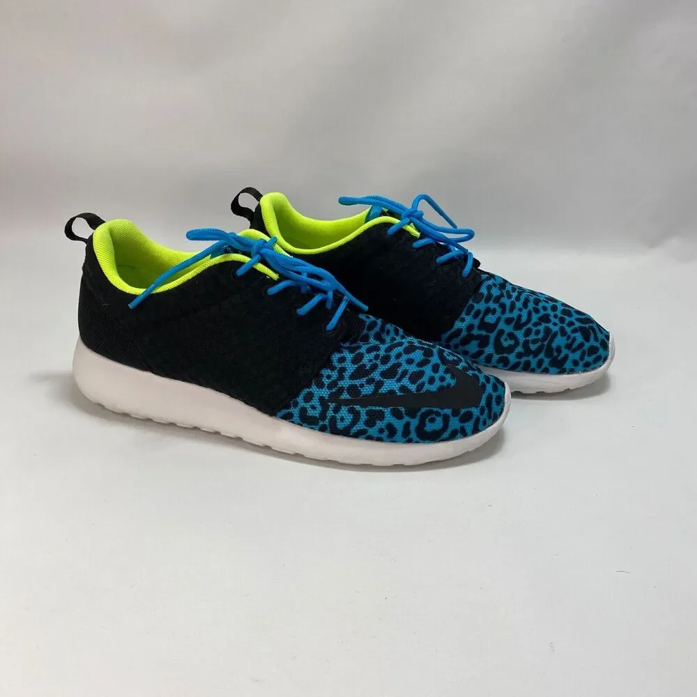 Nike Roshe Run Sneakers Womens 8 Black Current Blue Leopard Running Workout Gym
